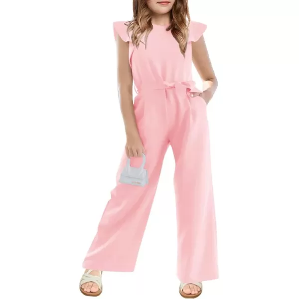 Haloumoning Girls Jumpsuit Kids Fashion Cap Sleeve Belted Wide Leg Romper One Piece Summer Outfits
