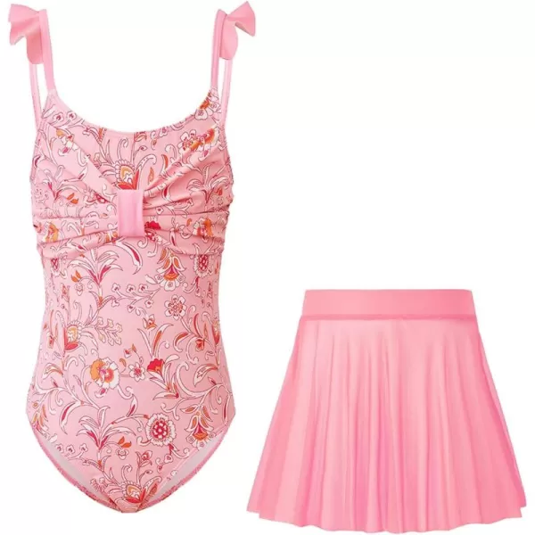 Haloumoning Girls One Piece Swimsuits Kids Bathing Suits Ruffle Bow Floral Beach Swimwear with Skirt 5-14 Years