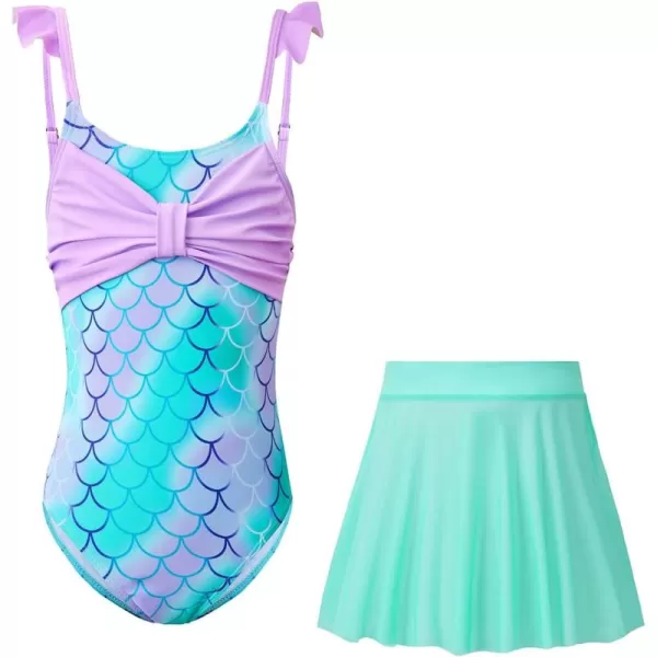 Haloumoning Girls One Piece Swimsuits Kids Bathing Suits Ruffle Bow Floral Beach Swimwear with Skirt 5-14 Years