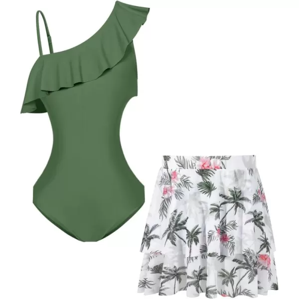 Haloumoning Girls One Piece Swimsuits with Mesh Skirt Ruffle One Shoulder Cut Out Bathing Suit Swimwear 5-14Y