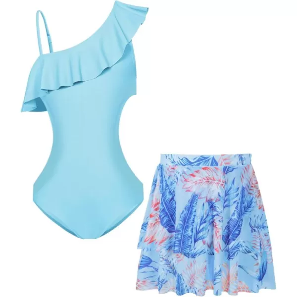 Haloumoning Girls One Piece Swimsuits with Mesh Skirt Ruffle One Shoulder Cut Out Bathing Suit Swimwear 5-14Y
