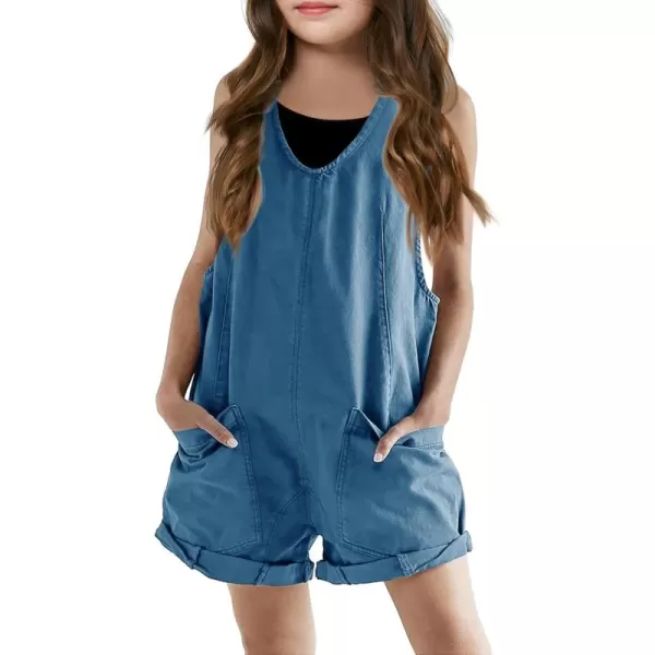 Haloumoning Girls Overall Shorts Kids Summer Fashion Sleeveless Low Back Rompers with Big Pockets