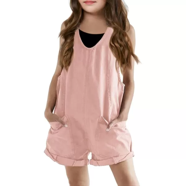 Haloumoning Girls Overall Shorts Kids Summer Fashion Sleeveless Low Back Rompers with Big Pockets