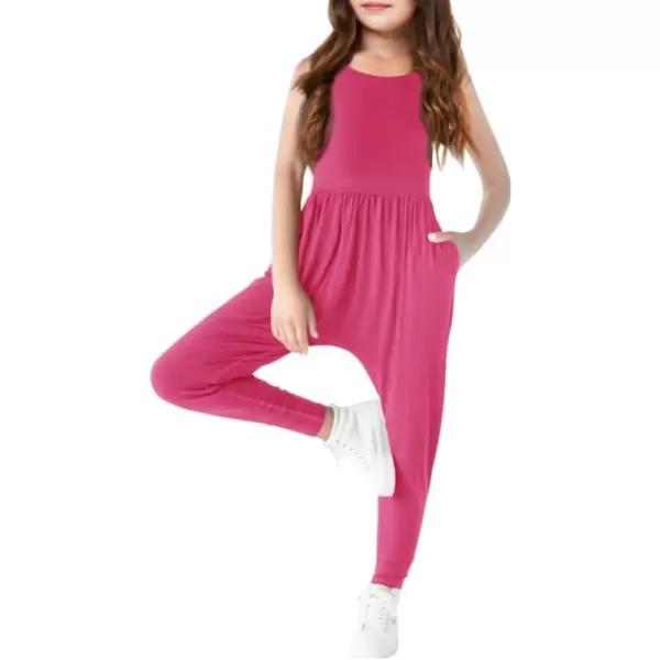 Haloumoning Girls Scoop Neck Sleeveless Jumpsuits Criss-Cross Back Long Pants Overalls With Pockets 5-14 Years