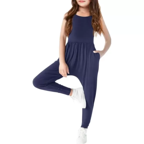 Haloumoning Girls Scoop Neck Sleeveless Jumpsuits Criss-Cross Back Long Pants Overalls With Pockets 5-14 Years