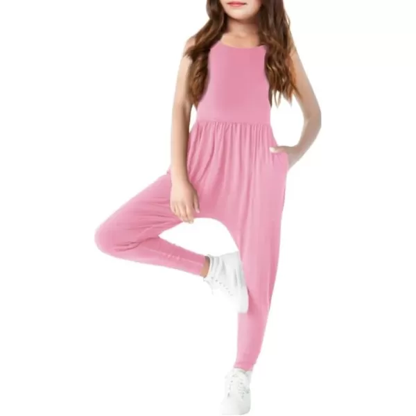 Haloumoning Girls Scoop Neck Sleeveless Jumpsuits Criss-Cross Back Long Pants Overalls With Pockets 5-14 Years