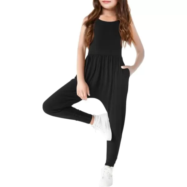 Haloumoning Girls Scoop Neck Sleeveless Jumpsuits Criss-Cross Back Long Pants Overalls With Pockets 5-14 Years