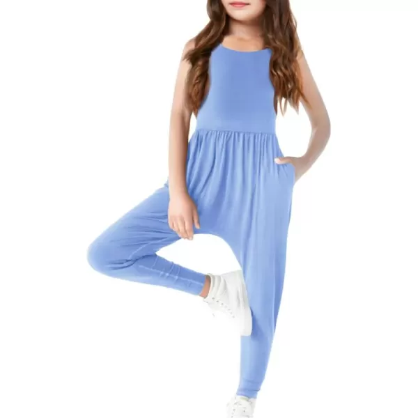 Haloumoning Girls Scoop Neck Sleeveless Jumpsuits Criss-Cross Back Long Pants Overalls With Pockets 5-14 Years