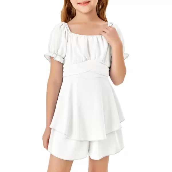 Haloumoning Girls Summer Rompers Puff Short Sleeve Square Neck Back Smocked Flowy Layered Cute Shorts Jumpsuit