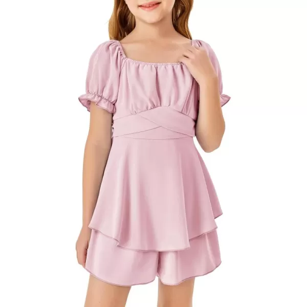 Haloumoning Girls Summer Rompers Puff Short Sleeve Square Neck Back Smocked Flowy Layered Cute Shorts Jumpsuit