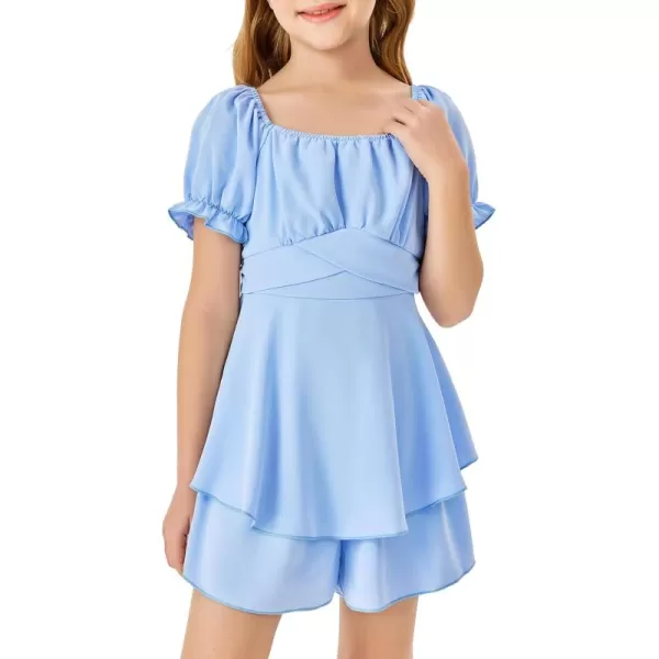 Haloumoning Girls Summer Rompers Puff Short Sleeve Square Neck Back Smocked Flowy Layered Cute Shorts Jumpsuit