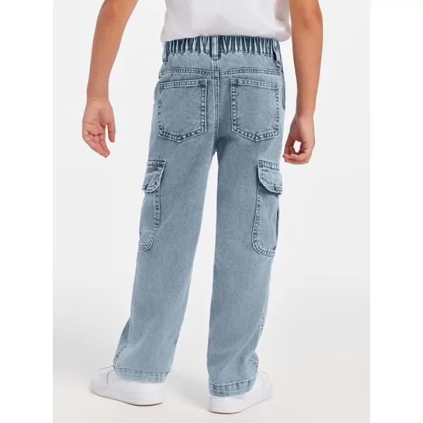 Haloumoning Boys Cargo Baggy Pants Elastic Waist Wide Leg Jeans Casual Demin Pants with Pockets 5-14 Years