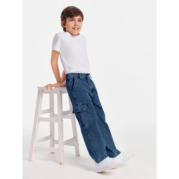 Haloumoning Boys Cargo Baggy Pants Elastic Waist Wide Leg Jeans Casual Demin Pants with Pockets 5-14 Years