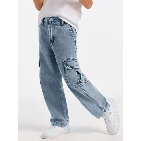 Haloumoning Boys Cargo Baggy Pants Elastic Waist Wide Leg Jeans Casual Demin Pants with Pockets 5-14 Years
