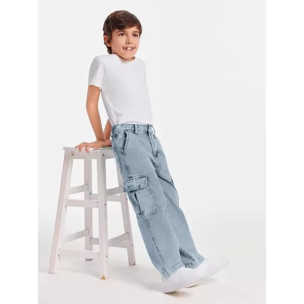 Haloumoning Boys Cargo Baggy Pants Elastic Waist Wide Leg Jeans Casual Demin Pants with Pockets 5-14 Years