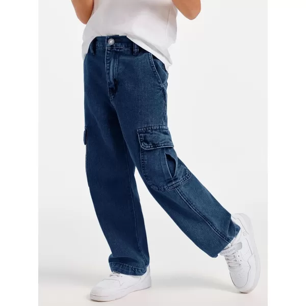 Haloumoning Boys Cargo Baggy Pants Elastic Waist Wide Leg Jeans Casual Demin Pants with Pockets 5-14 Years