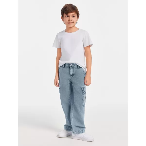 Haloumoning Boys Cargo Baggy Pants Elastic Waist Wide Leg Jeans Casual Demin Pants with Pockets 5-14 Years