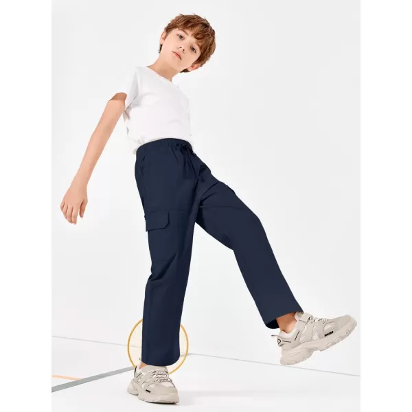 Haloumoning Boys Cargo Pants Drawstring Elastic Waist School Uniform Pull On Pants with Pockets