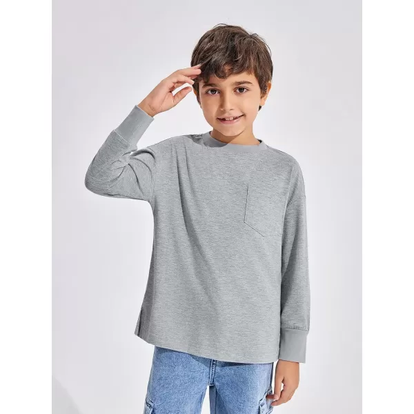 Haloumoning Boys Long Sleeve Shirts Kids Fashion Crewneck Side Slit Tops Tees with Pocket 5-14 Years