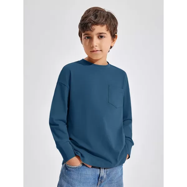 Haloumoning Boys Long Sleeve Shirts Kids Fashion Crewneck Side Slit Tops Tees with Pocket 5-14 Years