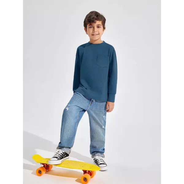 Haloumoning Boys Long Sleeve Shirts Kids Fashion Crewneck Side Slit Tops Tees with Pocket 5-14 Years