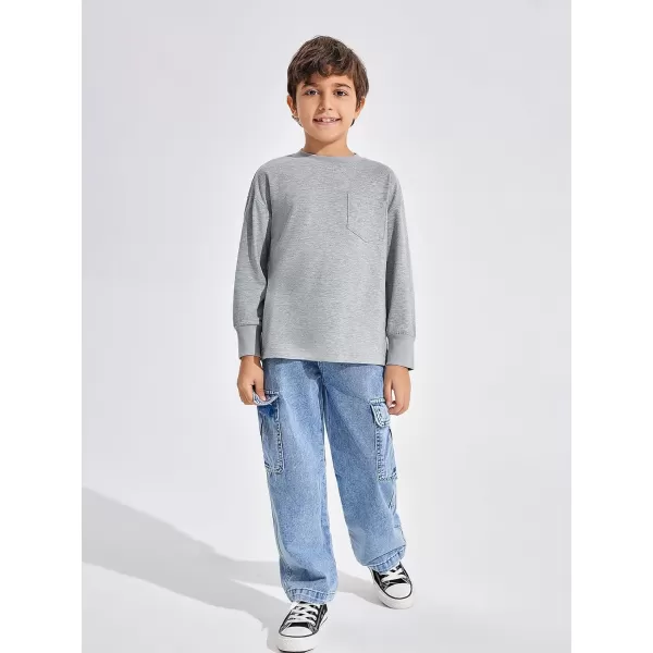 Haloumoning Boys Long Sleeve Shirts Kids Fashion Crewneck Side Slit Tops Tees with Pocket 5-14 Years
