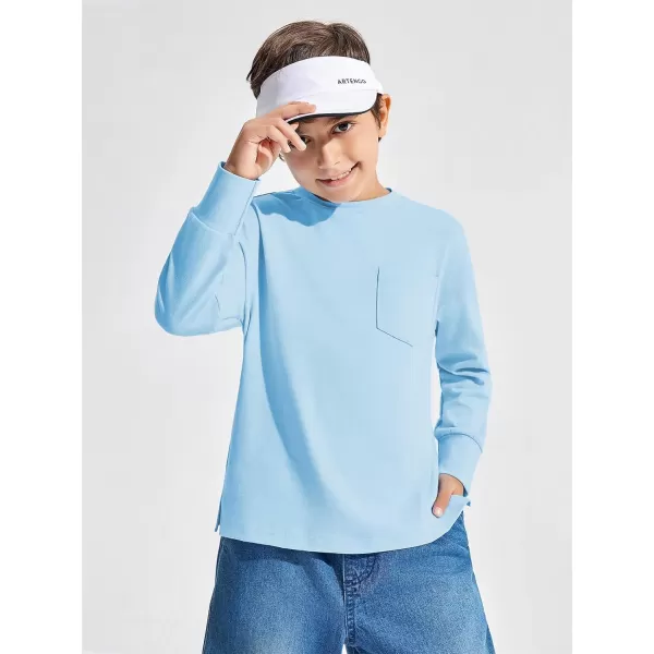 Haloumoning Boys Long Sleeve Shirts Kids Fashion Crewneck Side Slit Tops Tees with Pocket 5-14 Years