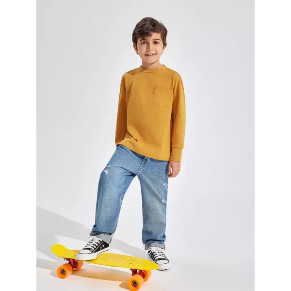 Haloumoning Boys Long Sleeve Shirts Kids Fashion Crewneck Side Slit Tops Tees with Pocket 5-14 Years