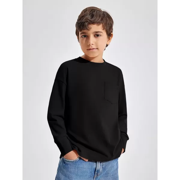 Haloumoning Boys Long Sleeve Shirts Kids Fashion Crewneck Side Slit Tops Tees with Pocket 5-14 Years