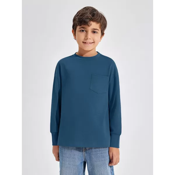 Haloumoning Boys Long Sleeve Shirts Kids Fashion Crewneck Side Slit Tops Tees with Pocket 5-14 Years