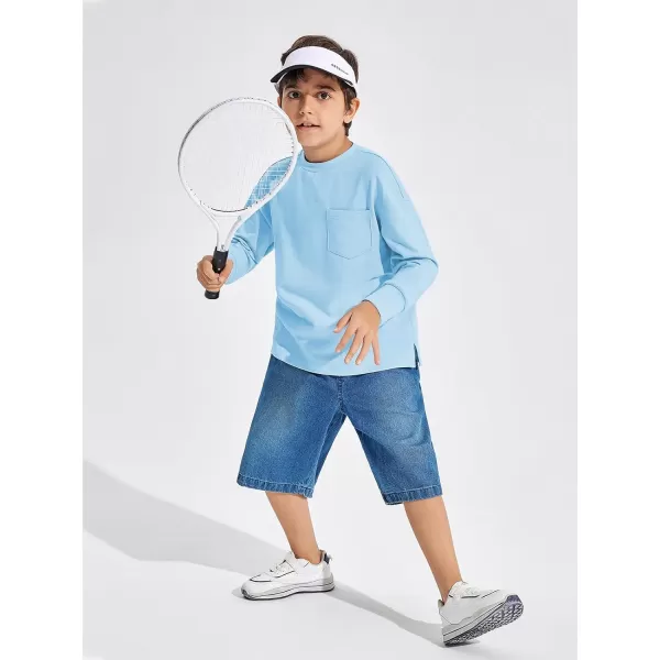 Haloumoning Boys Long Sleeve Shirts Kids Fashion Crewneck Side Slit Tops Tees with Pocket 5-14 Years