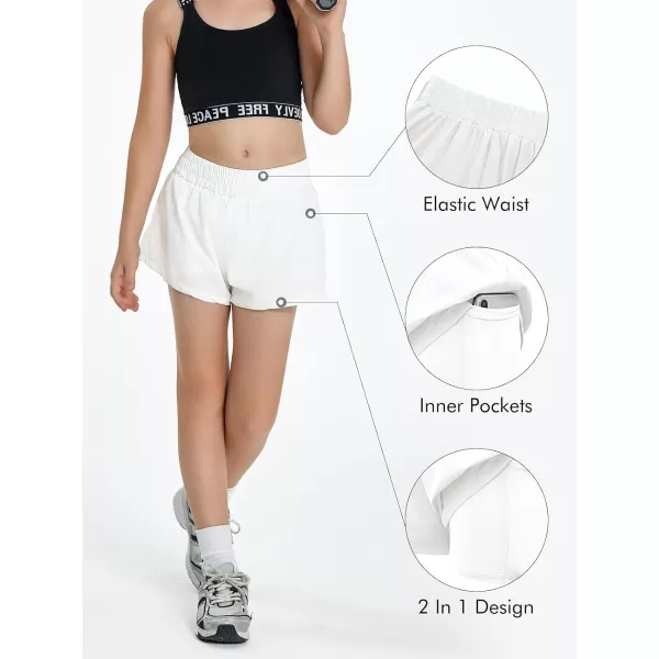 Haloumoning Girls Athletic Shorts High Waist Elastic 2 in 1 Running Shorts with Side Pockets 5-14 Years