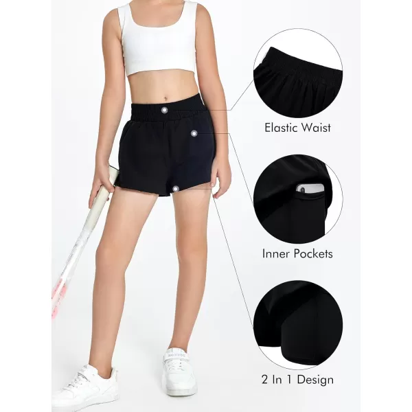 Haloumoning Girls Athletic Shorts High Waist Elastic 2 in 1 Running Shorts with Side Pockets 5-14 Years