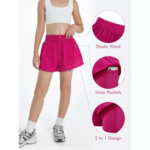 Haloumoning Girls Athletic Shorts High Waist Elastic 2 in 1 Running Shorts with Side Pockets 5-14 Years