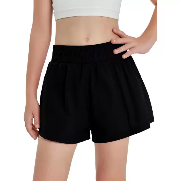 Haloumoning Girls Athletic Shorts High Waist Elastic 2 in 1 Running Shorts with Side Pockets 5-14 Years