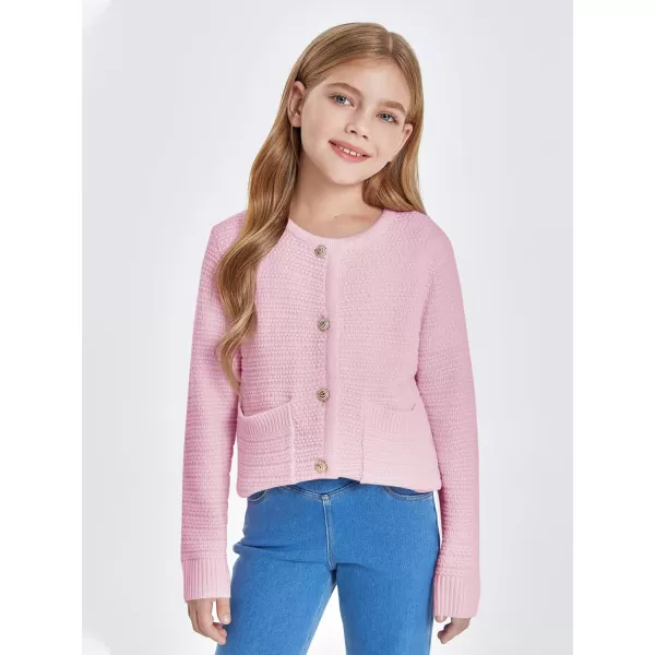 Haloumoning Girls Button Down Tweed Knit Cardigan Sweaters Kids Fashion Fall Outerwear with Pockets
