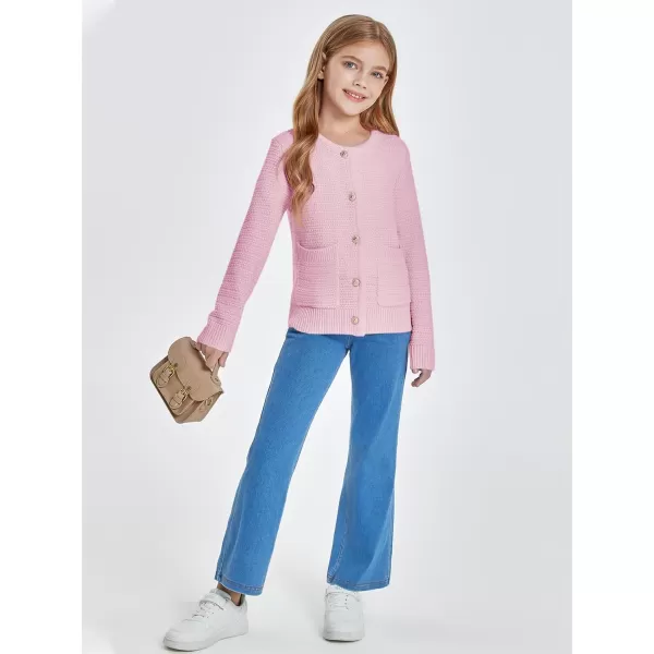 Haloumoning Girls Button Down Tweed Knit Cardigan Sweaters Kids Fashion Fall Outerwear with Pockets