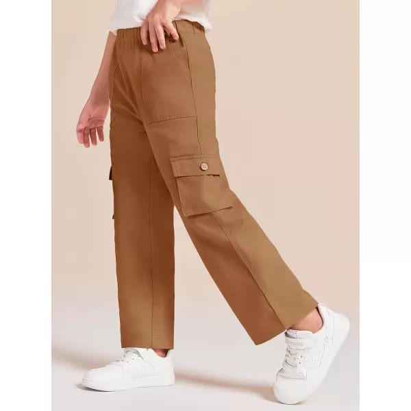 Haloumoning Girls Cargo Pants High Elastic Waist Kids Straight Leg Twill Trousers with Pockets 5-14 Years