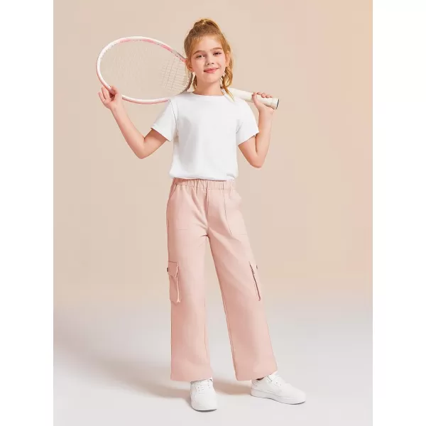 Haloumoning Girls Cargo Pants High Elastic Waist Kids Straight Leg Twill Trousers with Pockets 5-14 Years