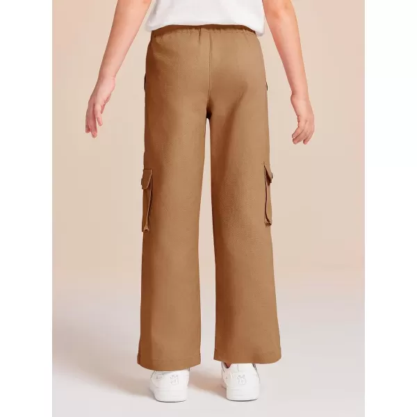 Haloumoning Girls Cargo Pants High Elastic Waist Kids Straight Leg Twill Trousers with Pockets 5-14 Years