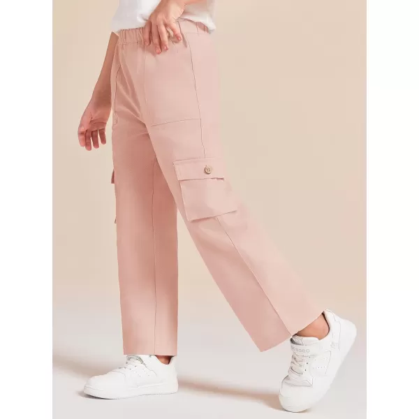 Haloumoning Girls Cargo Pants High Elastic Waist Kids Straight Leg Twill Trousers with Pockets 5-14 Years