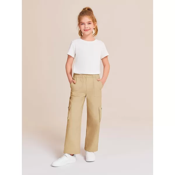 Haloumoning Girls Cargo Pants High Elastic Waist Kids Straight Leg Twill Trousers with Pockets 5-14 Years
