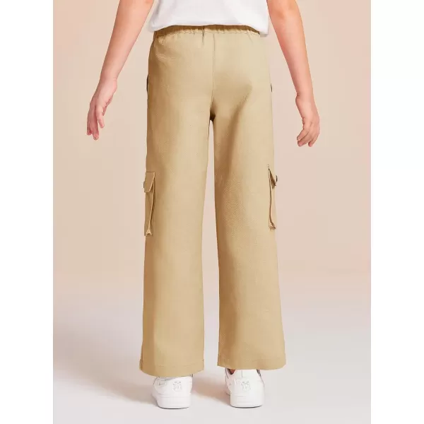 Haloumoning Girls Cargo Pants High Elastic Waist Kids Straight Leg Twill Trousers with Pockets 5-14 Years