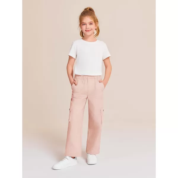 Haloumoning Girls Cargo Pants High Elastic Waist Kids Straight Leg Twill Trousers with Pockets 5-14 Years