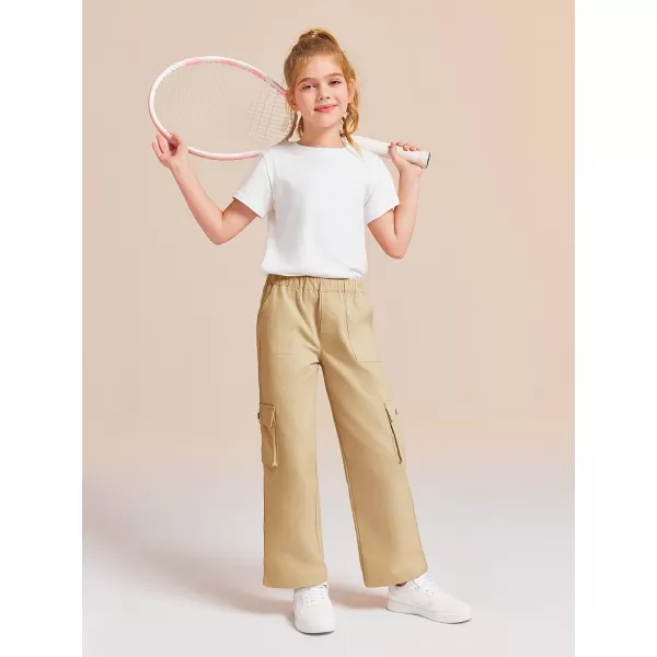 Haloumoning Girls Cargo Pants High Elastic Waist Kids Straight Leg Twill Trousers with Pockets 5-14 Years
