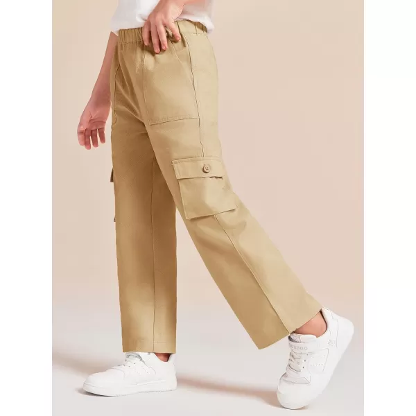 Haloumoning Girls Cargo Pants High Elastic Waist Kids Straight Leg Twill Trousers with Pockets 5-14 Years