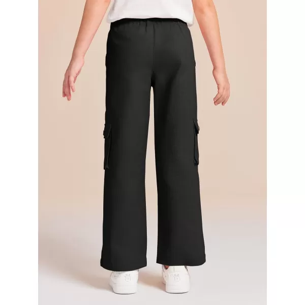 Haloumoning Girls Cargo Pants High Elastic Waist Kids Straight Leg Twill Trousers with Pockets 5-14 Years
