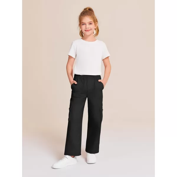 Haloumoning Girls Cargo Pants High Elastic Waist Kids Straight Leg Twill Trousers with Pockets 5-14 Years