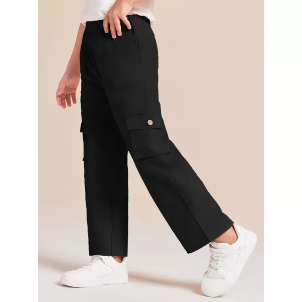 Haloumoning Girls Cargo Pants High Elastic Waist Kids Straight Leg Twill Trousers with Pockets 5-14 Years