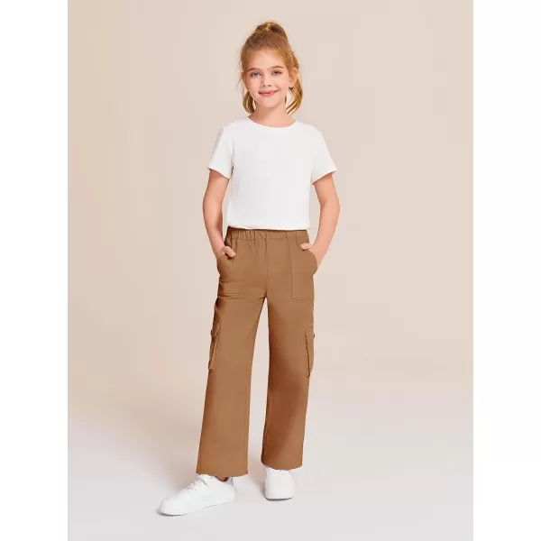 Haloumoning Girls Cargo Pants High Elastic Waist Kids Straight Leg Twill Trousers with Pockets 5-14 Years